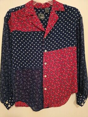 Lizweae Mixed-Print Button-Up Shirt - Western Red & Navy Blouse